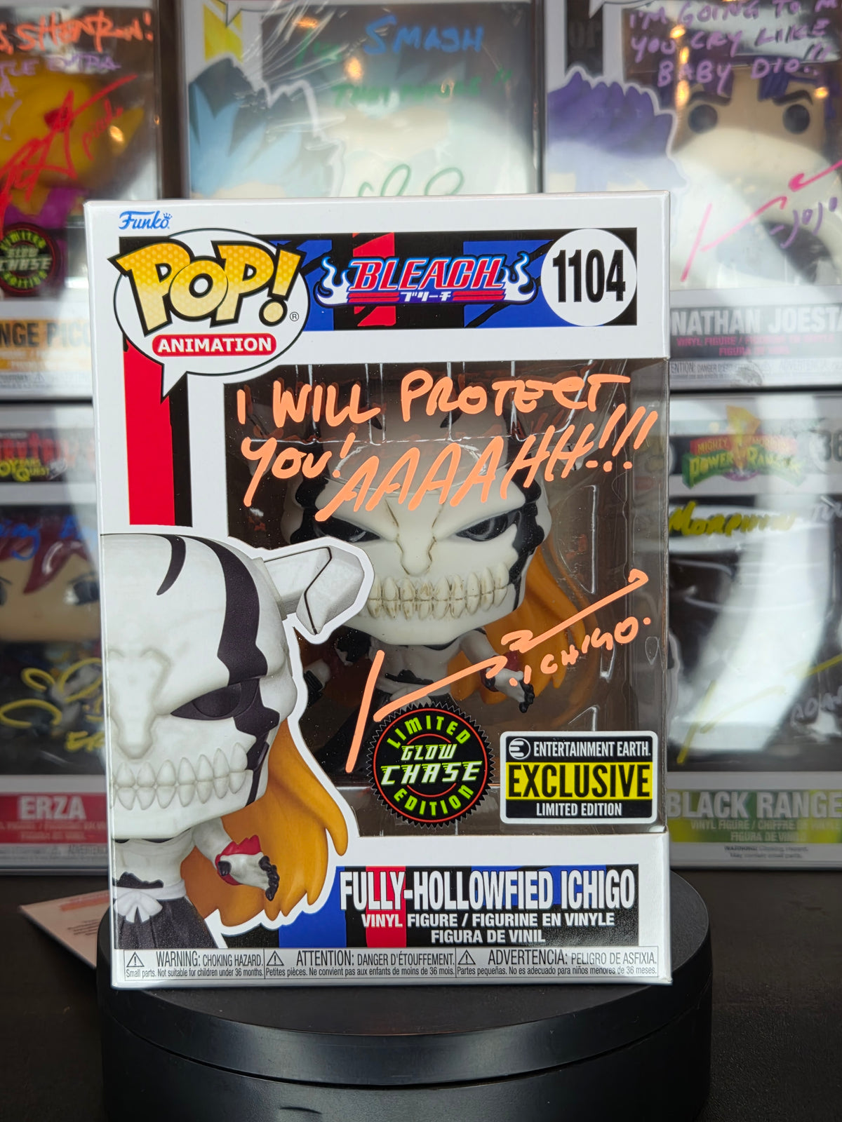 Funko Pop! Animation: Fully- Hollowfied Ichigo 1104 Glow Chase Autographed & Quoted by Johnny Yong Bosch.